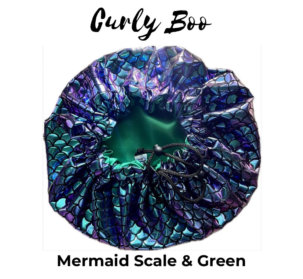 Mermaid Print Satin Hair Bonnet Collection-Adjustable Sleep Bonnets for Curly & Natural Hair - Curly Boo