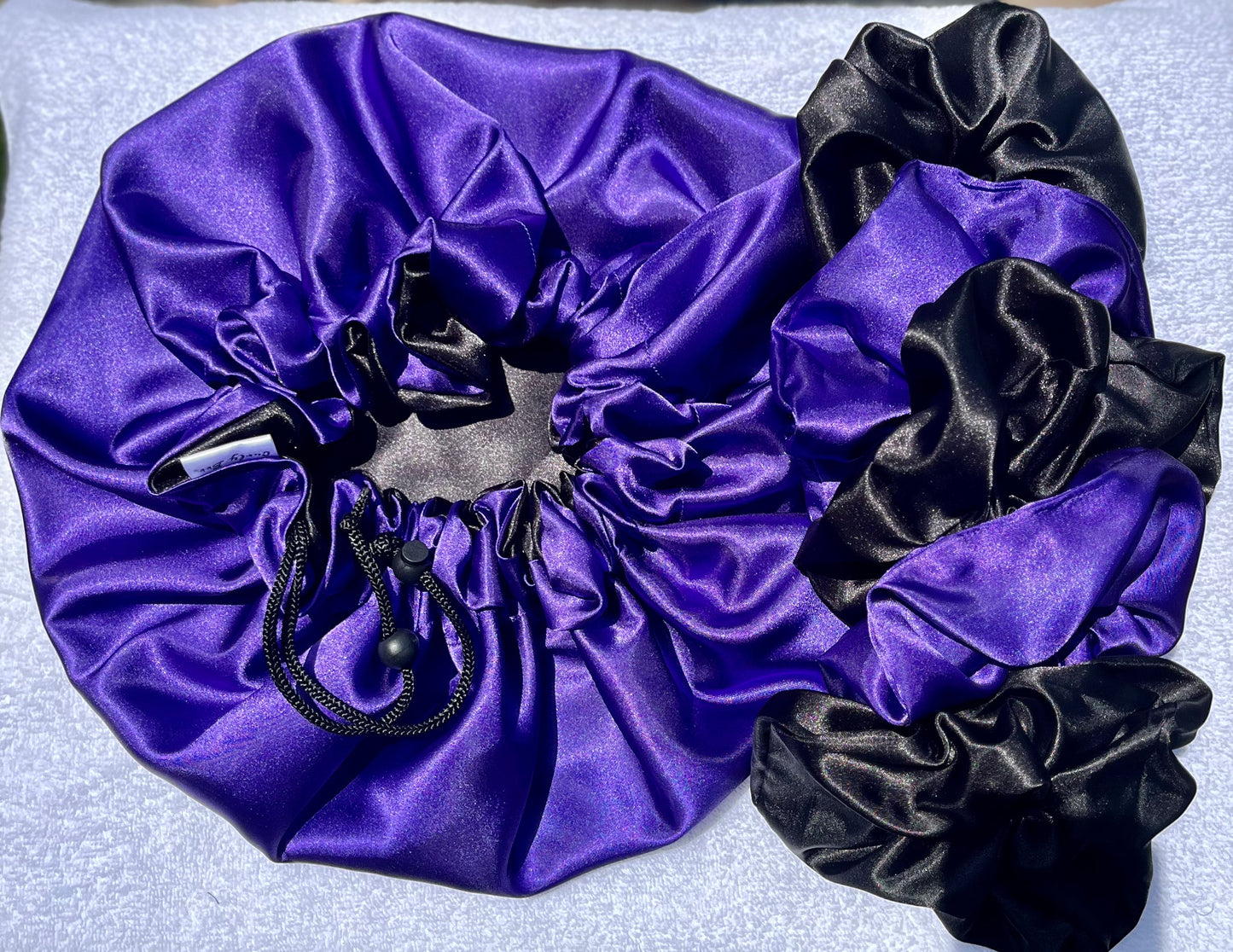 Satin Bonnet & Satin Scrunchie Bundle-Adjustable Sleep Bonnet and Gentle Hair Tie for Natural & Curly Hair - Curly Boo