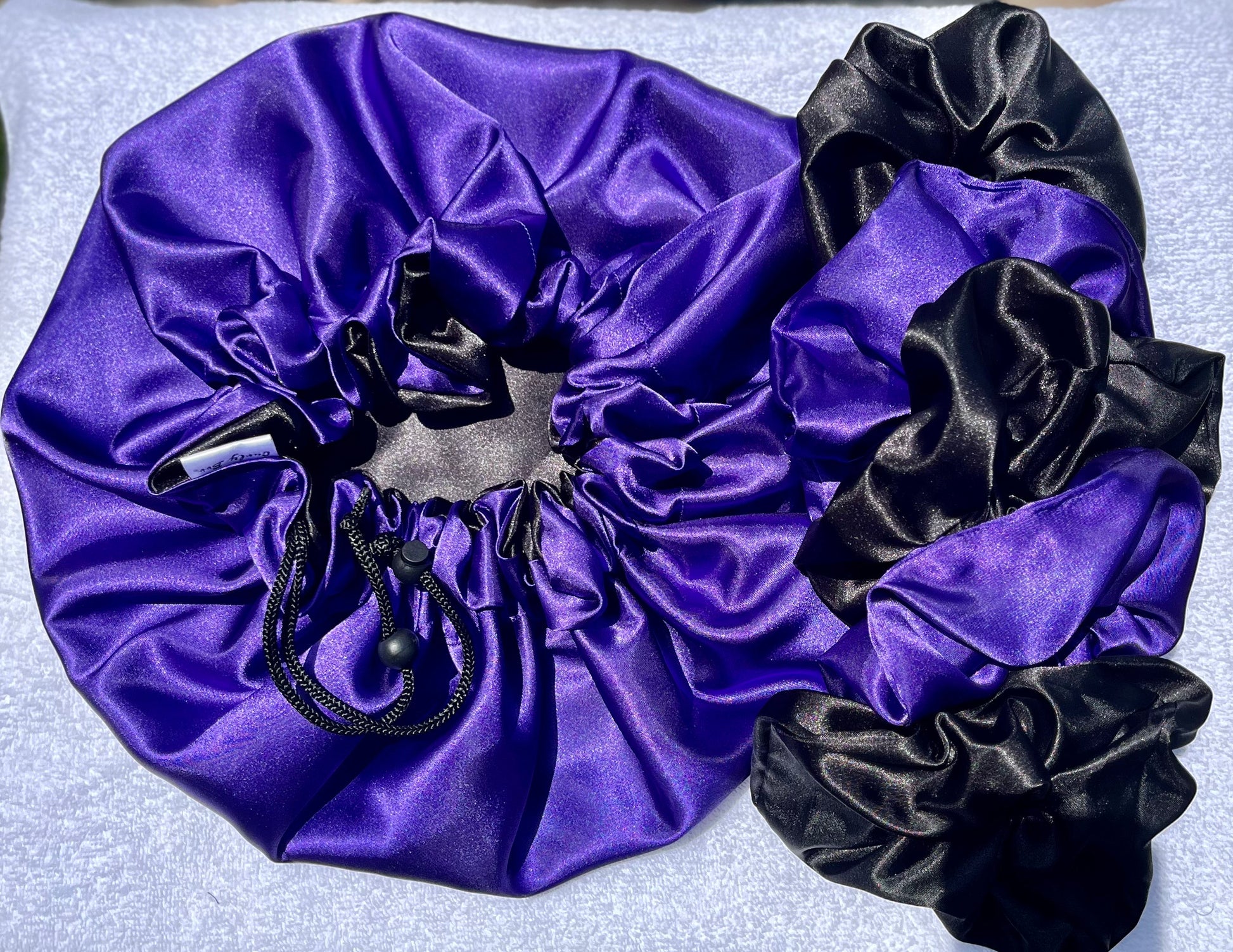 Satin Bonnet & Satin Scrunchie Bundle-Adjustable Sleep Bonnet and Gentle Hair Tie for Natural & Curly Hair - Curly Boo